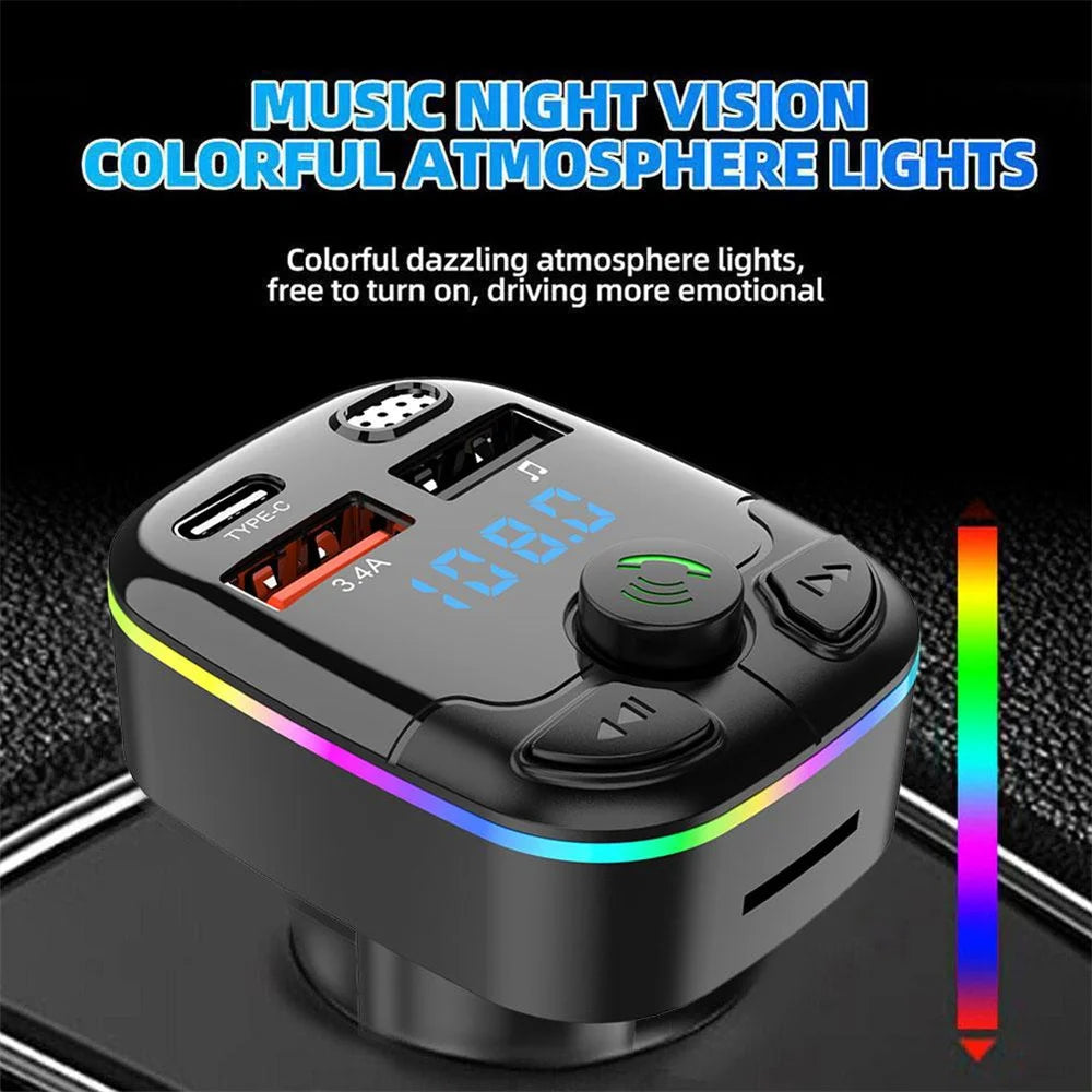 Bluetooth 5.0 Car FM Transmitter Type-C Dual USB Ambient Player MP3 Car Charger Type-C Wireless Light Phone Hands Free Car Radio