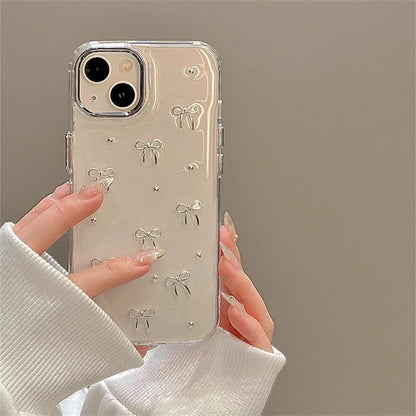 INS Glitter 3D Silver Bow Bead Case For Samsung Galaxy S25 S24 Ultra S23 S22 Plus S24 FE A14 A15 A35 A55 A34 Epoxy Clear Cover