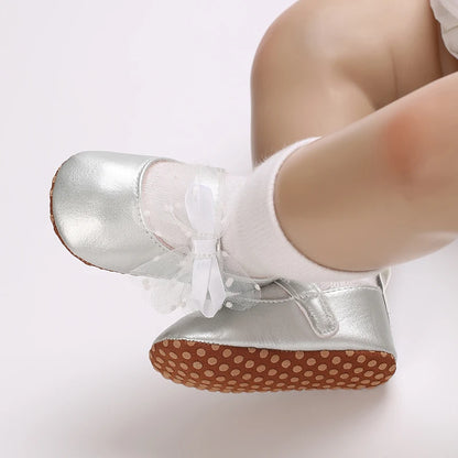 Silver Princess Shoes 0-18M Newborn Casual Shoes Baby Bow Non slip Cloth Bottom Flat Bottom PU Newborn Bow Decoration Mary Janes