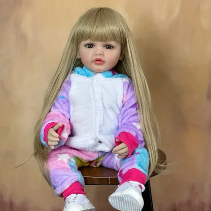 BZDOLL 55cm Lifelike Full Silicone Body Reborn Baby Girl Doll With Blonde Long Hair Alive Newborn Bebe Lovely Birthday Gift