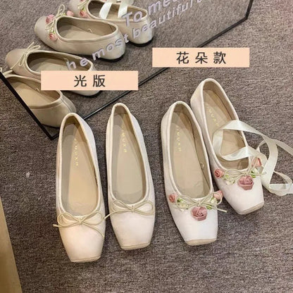 NEW Classic Silk Ballet Shoes Lace Up Ballet Shoes Women Square Toe Bowtie and Rose Flower Women Flats Elegant Valentine Shoes