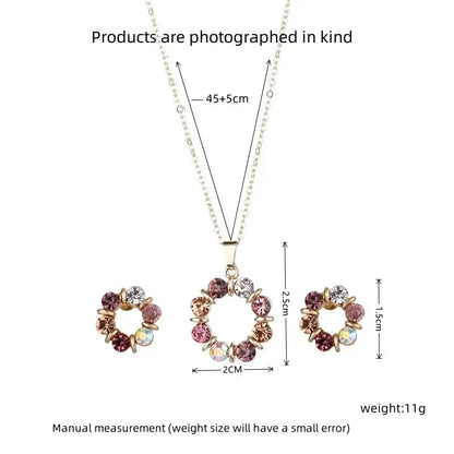 3pcs Gold Necklace Earrings Set Ladies Celebrity Simple Fashion Style Exquisite Stained Glass Diamond Circle Shape Jewelry