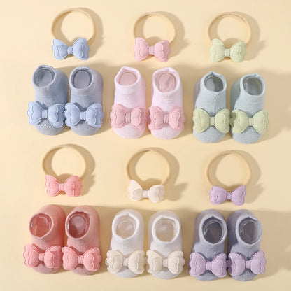 Lovely Baby Bows Socks Set Fresh Candy Color Breathable Short Socks with Sweet Flower Headband Elastic Hairband for Newboen