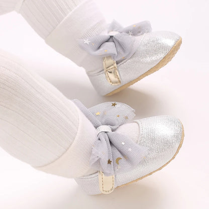 Silver Princess Shoes 0-18M Newborn Casual Shoes Baby Bow Non slip Cloth Bottom Flat Bottom PU Newborn Bow Decoration Mary Janes