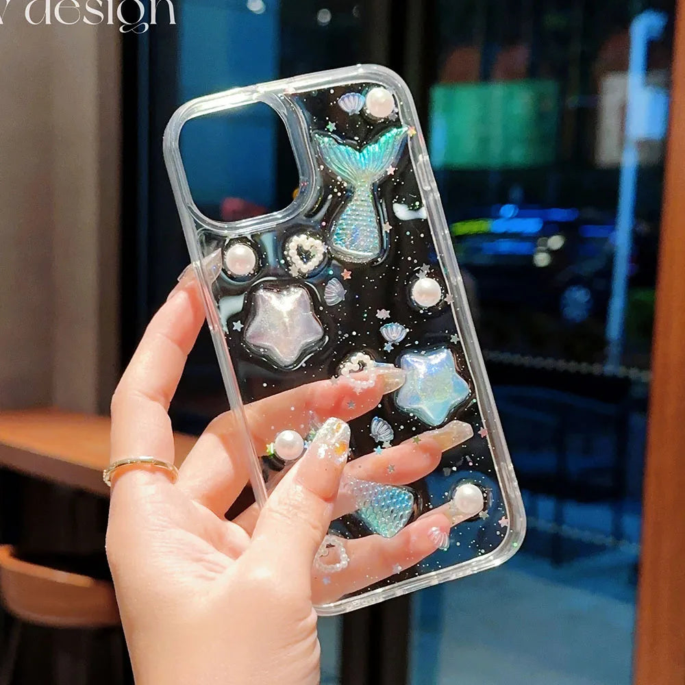 ocean mermaid starfish pearl case for iPhone 11 12 13 14 15 Pro Max 16 Plus clear soft tpu anti-slip glitter back cover