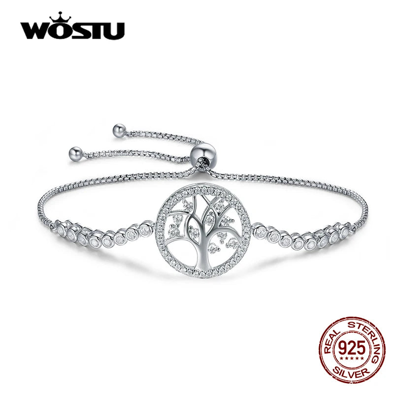 WOSTU Authentic 100% 925 Sterling Silver Tree of Life Tennis Bracelet Women Adjustable Link Chain Bracelet Silver Jewelry CQB035