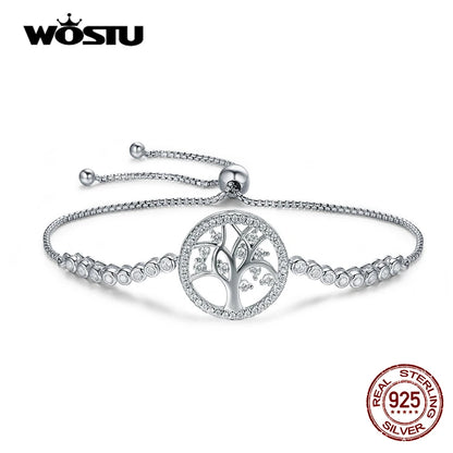 WOSTU Authentic 100% 925 Sterling Silver Tree of Life Tennis Bracelet Women Adjustable Link Chain Bracelet Silver Jewelry CQB035