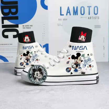 2024 Spring/Summer New Disney Mickey Printed Canvas Shoes for Boys Girls Hand Painted Sneakers Korean High Top Shoes for Women