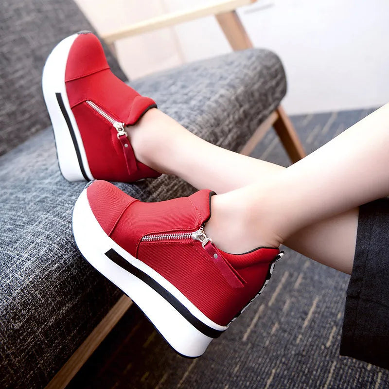 Platform Sneakers 2023 New Women Red Casual Comfortable Hidden Heel Shoe Black Canvas Shoes Wedge Heels Sneaker Tenis De Mujer