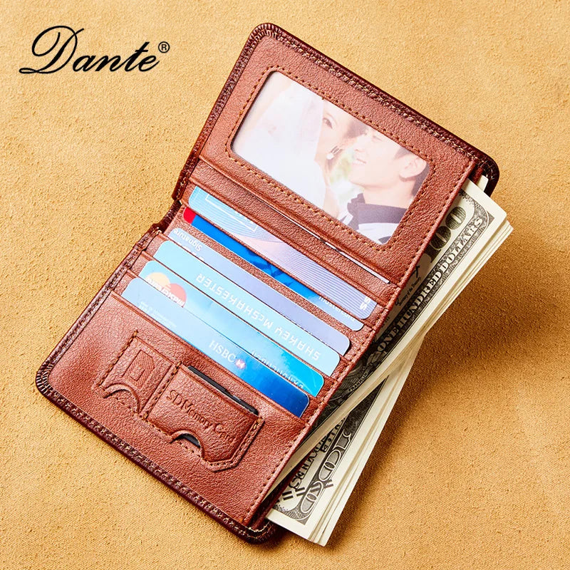 Dante Leather Men's Wallets RFID Anti-theft Brush Degaus Head Layer Cowhide Retro Casual Vertical Money Bag Money Two fold Clips