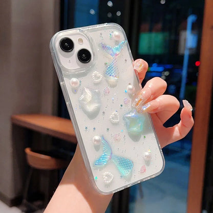 ocean mermaid starfish pearl case for iPhone 11 12 13 14 15 Pro Max 16 Plus clear soft tpu anti-slip glitter back cover