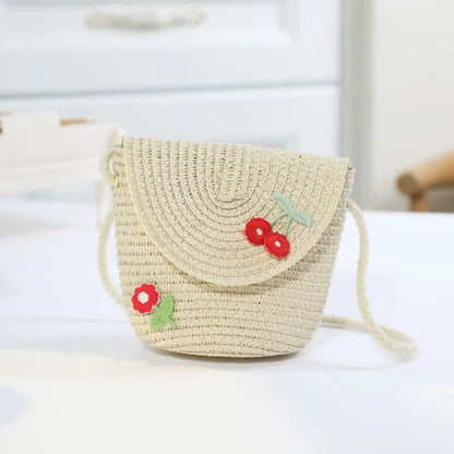 Cute Children's Woven Straw Bag Handmade Bucket Flower Shoulder Bag Woven Crossbody Bag Girls Key Coin Purse Bag