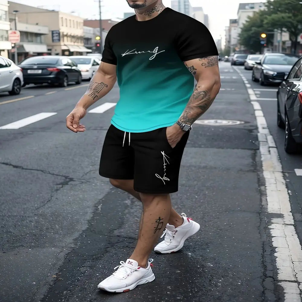 Summer beach 3D printed men's T-shirt suit gradient sportswear fitness plus size clothing two-piece round neck T-shirt shorts