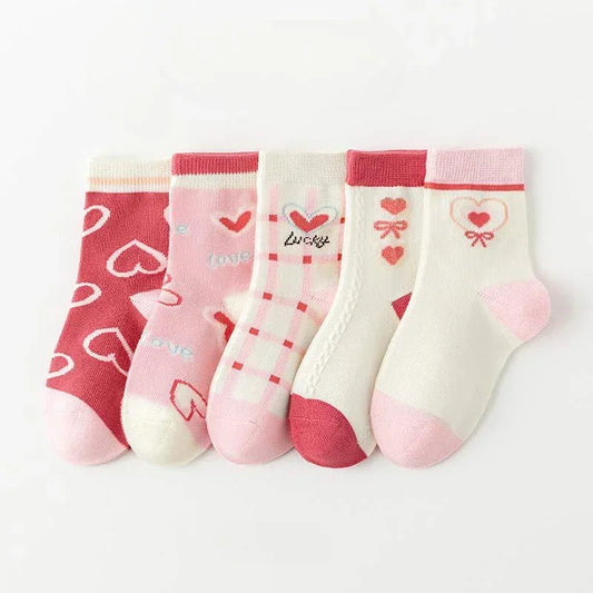 5 Paare/los Kinder Weiche Baumwolle Socken Koreanische Liebe Herz Blume Druck Baby Mädchen Socken Herbst Winter Warme Kinder Mittel Rohr socken