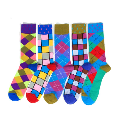 5 Pairs Men Cotton Fashion Color Pattern Happy Unisex Novelty Fun Dress Women Socks