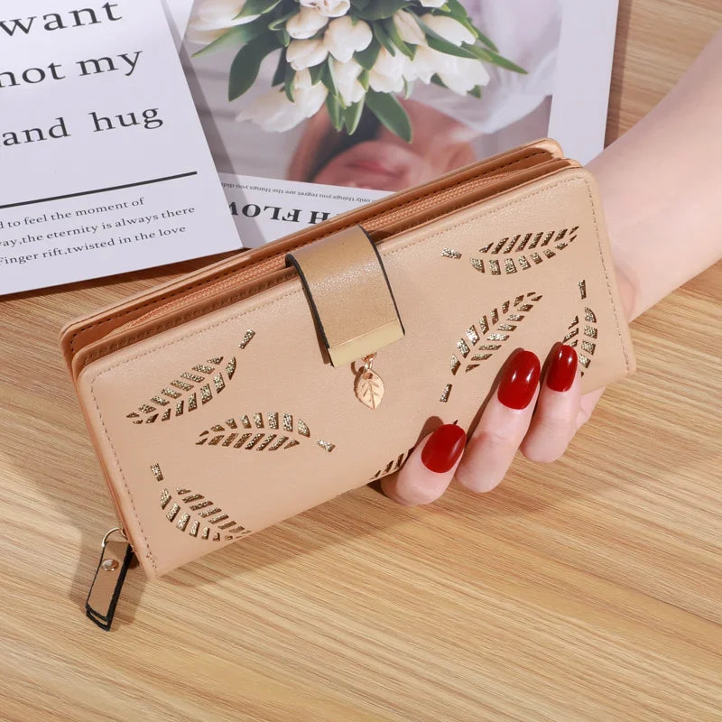 Women Wallet PU Leather Purse Female Long Wallet Gold Hollow Leaves Pouch Handbag For Women Coin Purse Card Holders Clutch