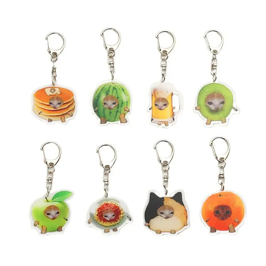 Food Cat Head Expression Keychain Popular Schoolbag Mobile Phone Pendant  Acrylic Fun Gift For Students Keyring Accessories