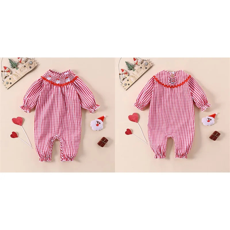 FOCUSNORM 0-18M Autumn Baby Girls Christmas Cute Romper Santa Embroidery Collar Plaid Print Long Sleeve Full Length Jumpsuit