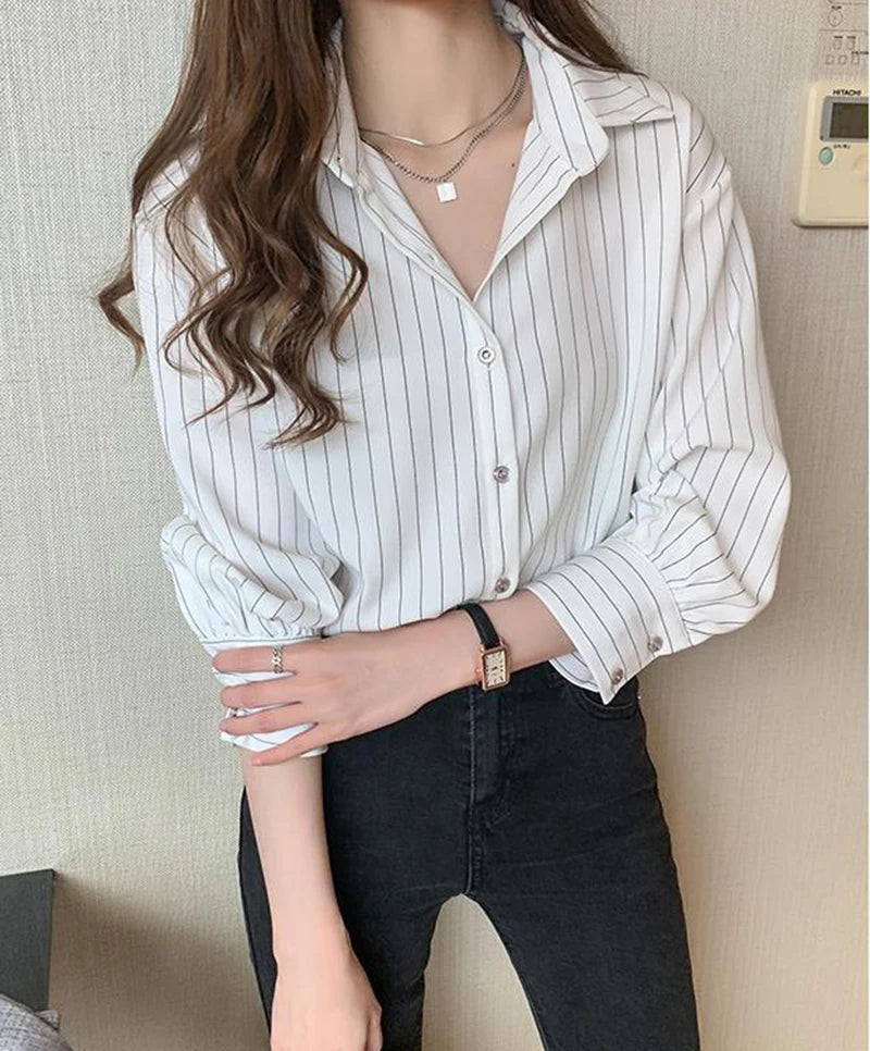 Striped Shirt Women Summer Vintage Chic Loose Long Sleeve Top Y2K Office Ladies Fashion Casual Turn Down Collar All Match Blouse