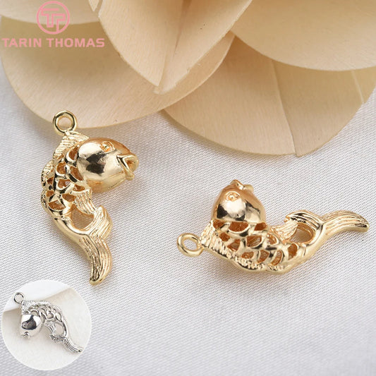 (129) 12x23MM 24K Gold Color Plated Brass Fish Charms Pendants High Quality Jewelry Accessories