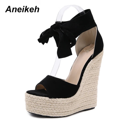 Aneikeh Women Summer Butterfly Knot Open Toe Sandals Fashion Platform High Heel Wedge Lace-Up Ankle Bowtie Dress Shoes 35-40