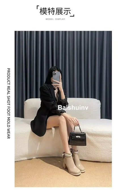 Chelsea Bow Bead Chunky Boots Women Sexy High Heels Shoes New Trend 2023 Winter Square Toe Ankle Boots Pumps Motorcycle Botas