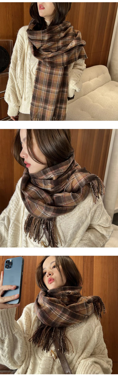 New 2023 Imitation Cashmere Women Scarf Winter Preppy Style Vintage Plaid Scarve Pashmina Mujer Foulard Blanket Wrap Shawl Pareo