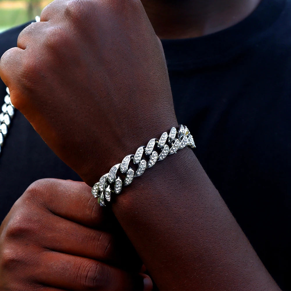 Braccialetti a catena cubana con maglie a griffe ghiacciate da 14 mm per uomo e donna, con strass pieni, braccialetto cubano Miami spesso, punk, hip hop, regalo