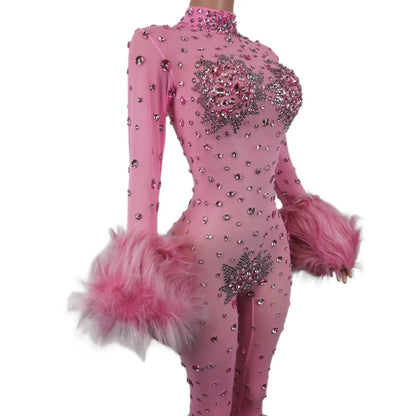 Shiny Pink Mesh Transparent Jumpsuit Sexy Hairy Designe Birthday Outfit Singer Dancer Performance Costume Stage Wear Guibin