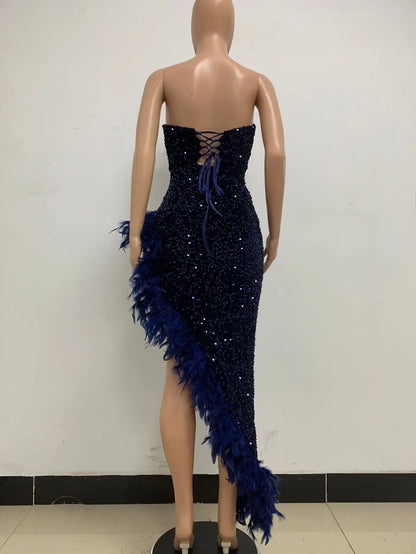 Women Evening Dresses Asymmetrical Shiny Sequins Feather Cocktail Party Dress Sexy Strapless Long Formal Prom Dresses Xiny189