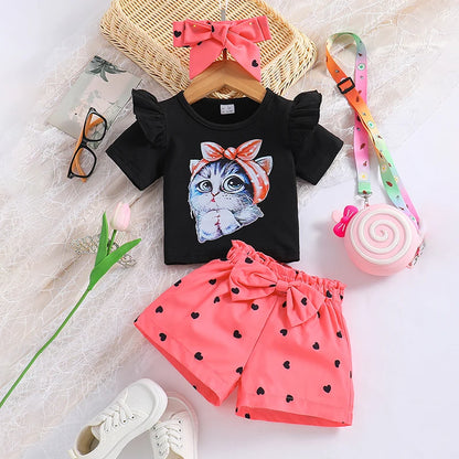 Baby Girl Cat Print Ruffle Trim Tee & Heart Print Bow Front Shorts