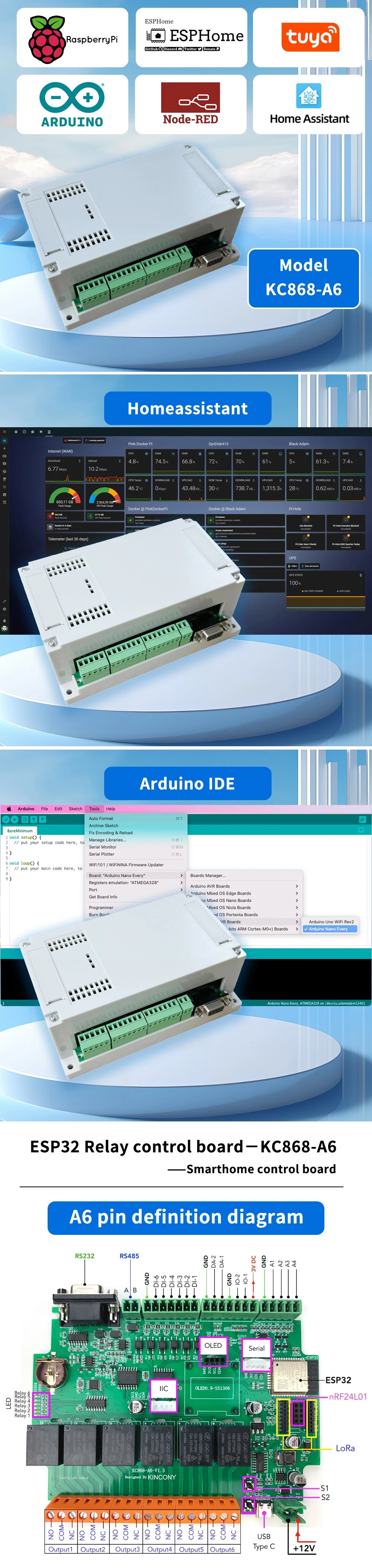 A6 Esphome-Relaisplatine ermöglicht ARDUINO IDE-Programmierung und ESPhome-Programmierung Bietet alle Arten von Beispielcodes Unterstützt MQTT