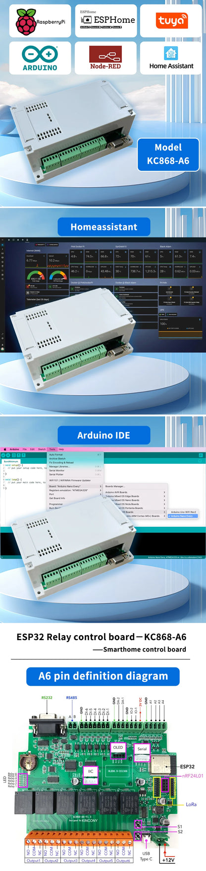 A6 Esphome Relay Board Enables ARDUINO IDE Programming and ESPhome Programming Provide All Kinds of Example Codes Support MQTT