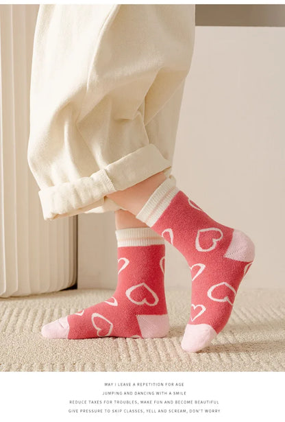 5 Pairs/Lot Kids Soft Cotton Socks Korean Love Heart Flower Print Baby Girl Socks Autumn Winter Warm Children Middle Tube Socks