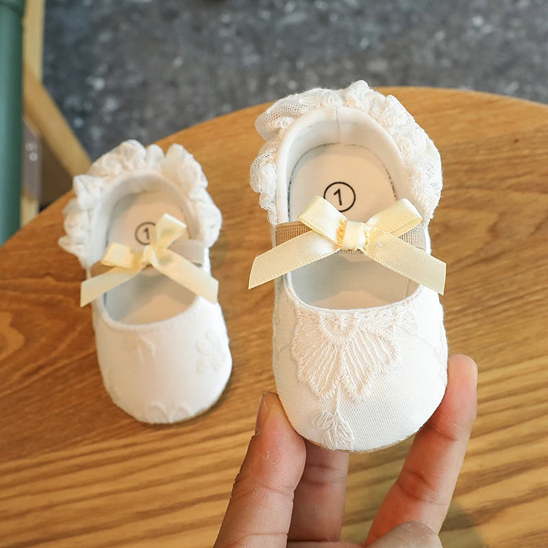 HAIZHIW 0-18 Months Cute White Lace Baby Girl Princess shoes Baby Shoes Bow Fringe Rubber Soled Non-slip Footwear Crib Shoes