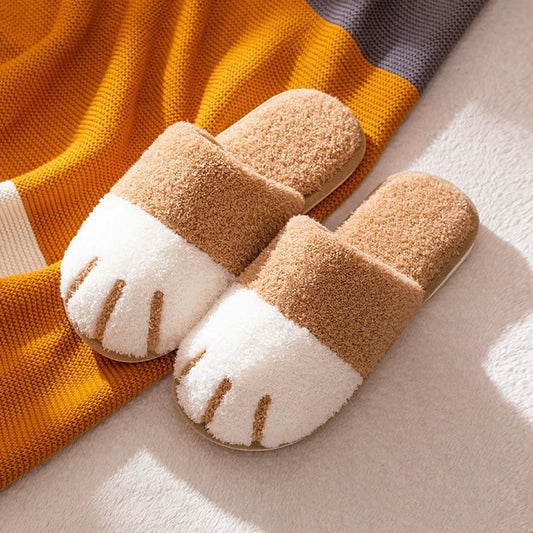 Winter Warm Plush Slippers Cute Cat Paw Designer House Women Fur Slippers Floor Mute Bedroom Lovers Indoor Fluffy Shoes2024