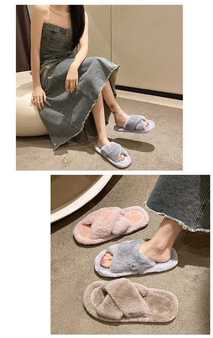 Casual Fluffy Slippers Women House Flats Plush Designer Platform Winter Shoes Girls Elegant Warm Home Fashion Popular Footwear