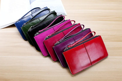 Women's Vintage Oil Wax Leather Zipper Clutch Wallet Female Large Capacity Coin Purse Ladies Wristband Simple Card Holder Wallet