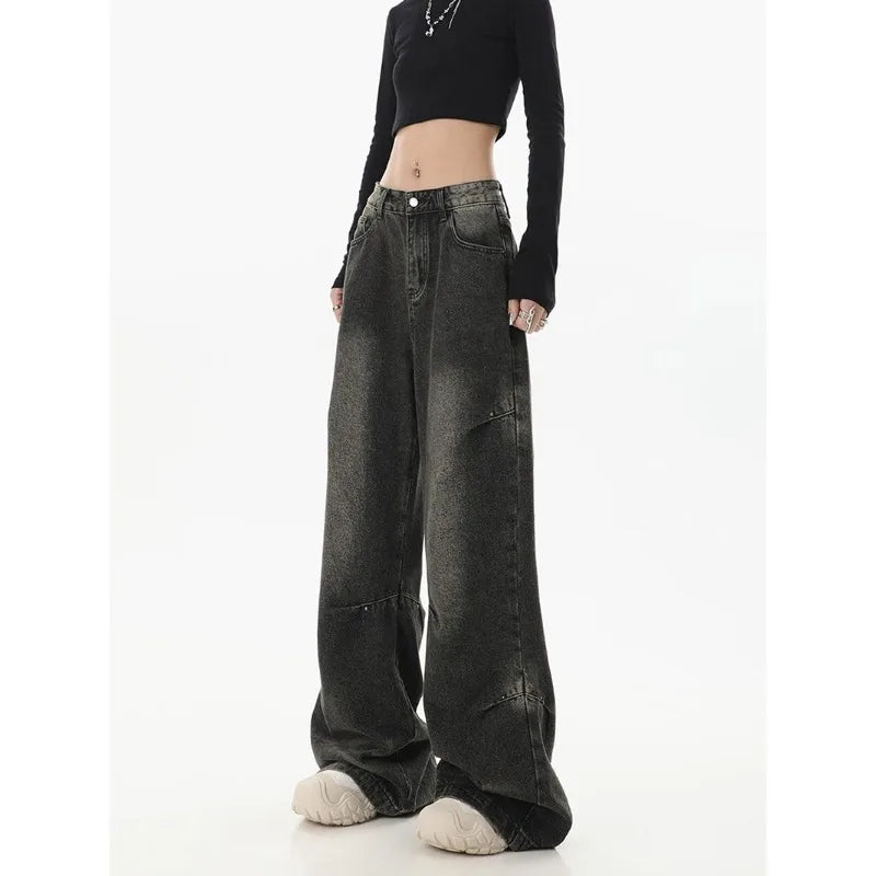 Deeptown Y2k Vintage Black Jeans Women Streetwear Baggy Denim Pants Wide Leg Harajuku Korean Trousers Goth Spring 2024 American