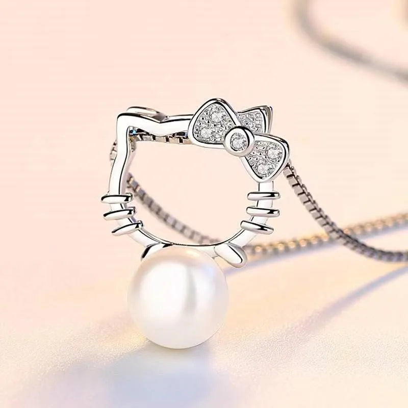 Boutique Real 925 Sterling Silver Cat Kitty Bowknot Pearl Jewelry Sets Necklace Stud Earrings Hot Sale Accessories JY106