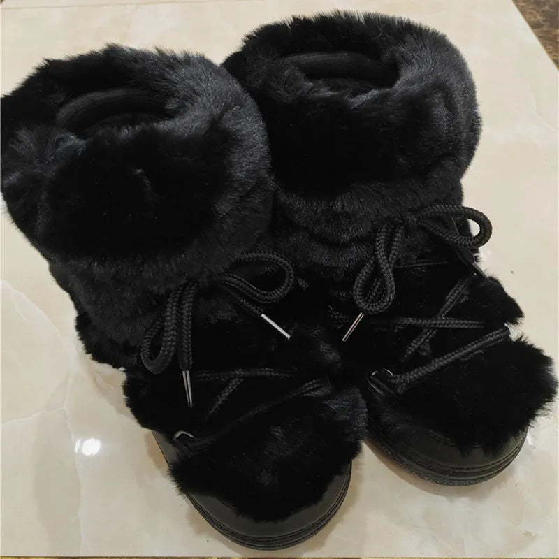 Fluffy Fur Boots 2024 Winter Fashion Sexy Faux Fox Fur Snow Boots Ladies Furry Warm Cotton Boots Female Outdoor Ski Boots