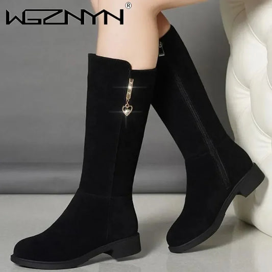 2024 New Women Warm Plush Snow Boots Snow Casual Flat All-match Cotton Fashion Side Zipper Winter Shoes Thigh High Boot Black