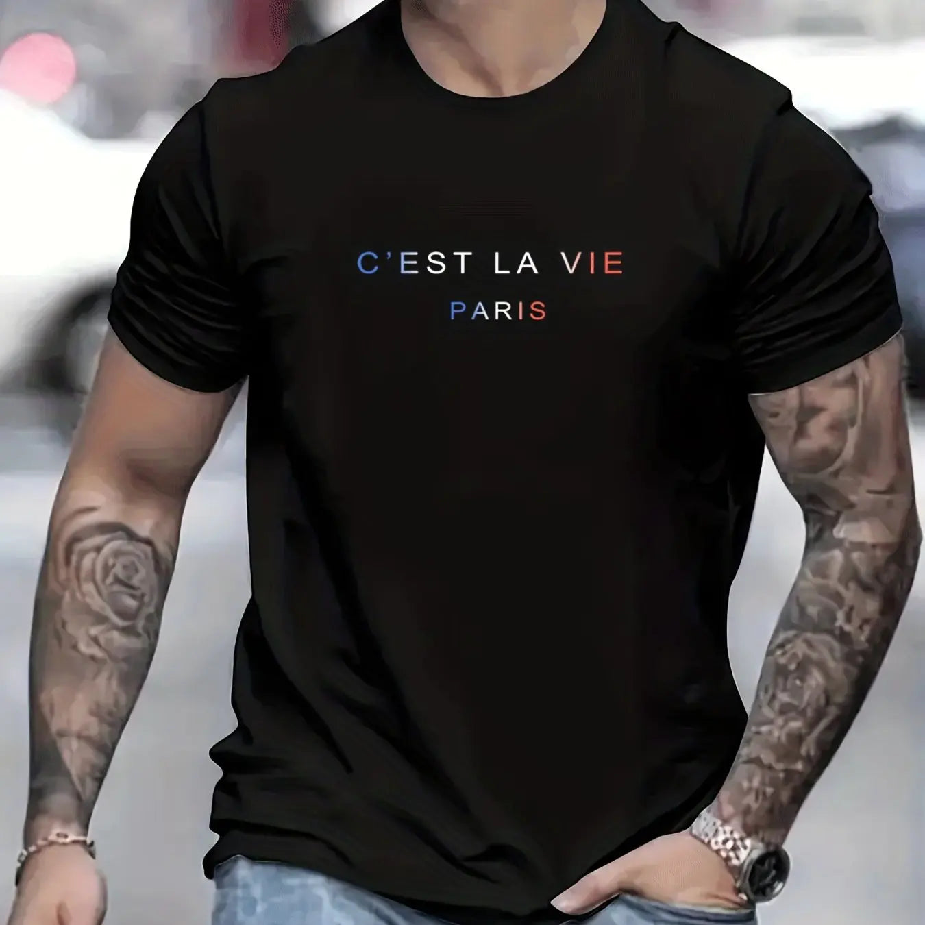 Men's Summer Loose Fit  100 Polyester cest La Vie PrintT-shirt Tops