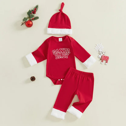 My First Christmas Baby Boy Outfit Long Sleeve Santa Baby Romper Red Long Pants Xmas Hat 3Pcs Christmas Outfit