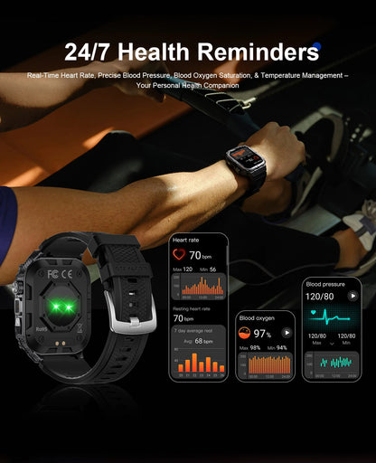 2024 men smartwatch, Bluetooth call tracker, military sports waterproof watch, digital fitness tracker smartwatch LED flashlight