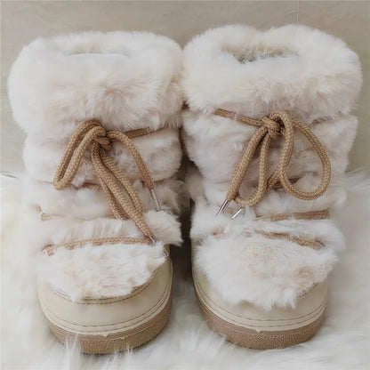 Fluffy Fur Boots 2024 Winter Fashion Sexy Faux Fox Fur Snow Boots Ladies Furry Warm Cotton Boots Female Outdoor Ski Boots