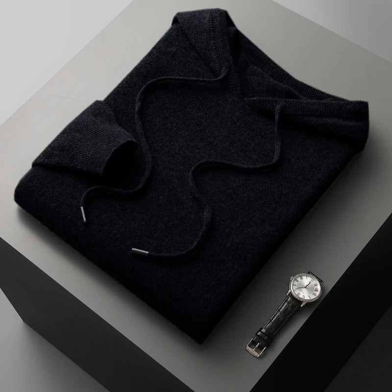 MVLYFLRT Autumn Winter New Merino Sweater Men's 100% Wool Hooded Collar Knitted Pullover Casual long Sleeved Hoodie