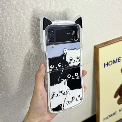 Cartoon Cat Ears Leather Wrist Strap Case For Samsung Galaxy Z Flip 6 5 Flip 4 3 Hand Rope Cute Ins Bracelet Shockproof Cover