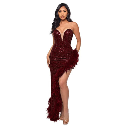 Women Evening Dresses Asymmetrical Shiny Sequins Feather Cocktail Party Dress Sexy Strapless Long Formal Prom Dresses Xiny189