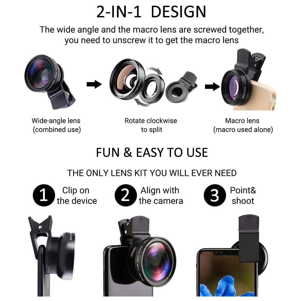 2 in1 Phone Lens 0.45x 49uv Super Wide Angle Macro Lens for iPhone 14 13 15 HUAWEI Xiaomi Smartphone Lenses with 37mm Phone Clip